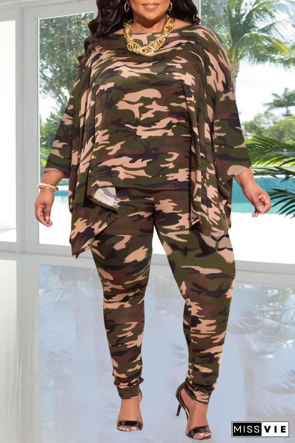 Casual Patchwork Tie-Dye V Neck Plus Size Two Pieces