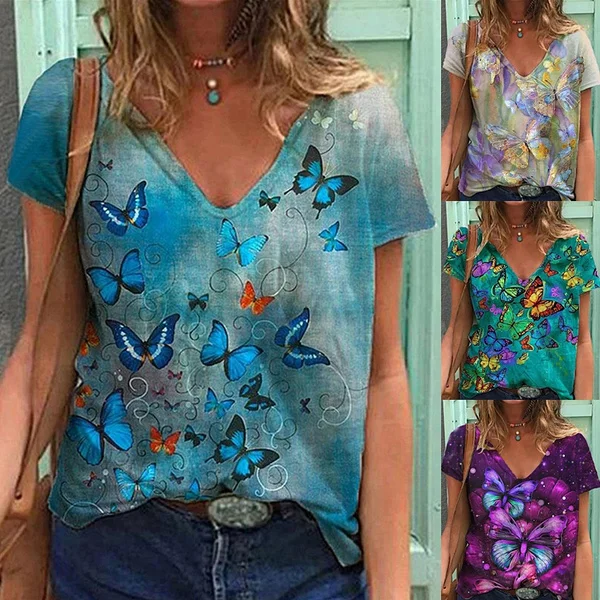Summer Fashion Women's Printing Short Sleeve Tops Graphic T Shirts Butterfly Printed Cotton Tee Shirt Plus Size