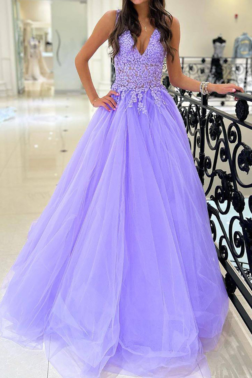 Hellymoon Women Purple Long Prom Dress Gorgeous A Line V Neck Formal ...
