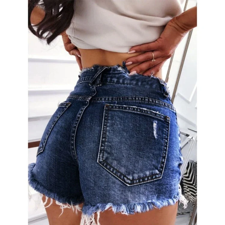 Back to School  Tight Ripped Women Denim Shorts Wide Leg Mid Waist Solid Color Vintage Jeans Female Summer Casual Slim Bouncy Hot Short 612