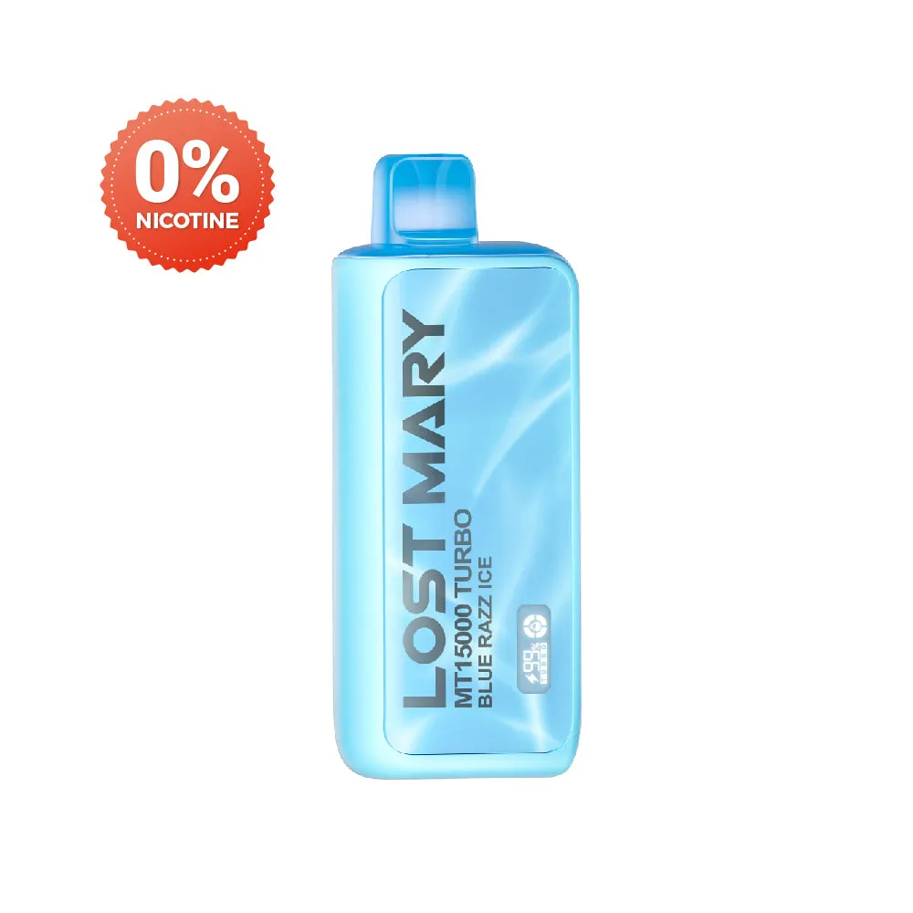 Lost Mary MT15000 Turbo disposable vape in Blue Razz Ice flavor, 0% nicotine.
