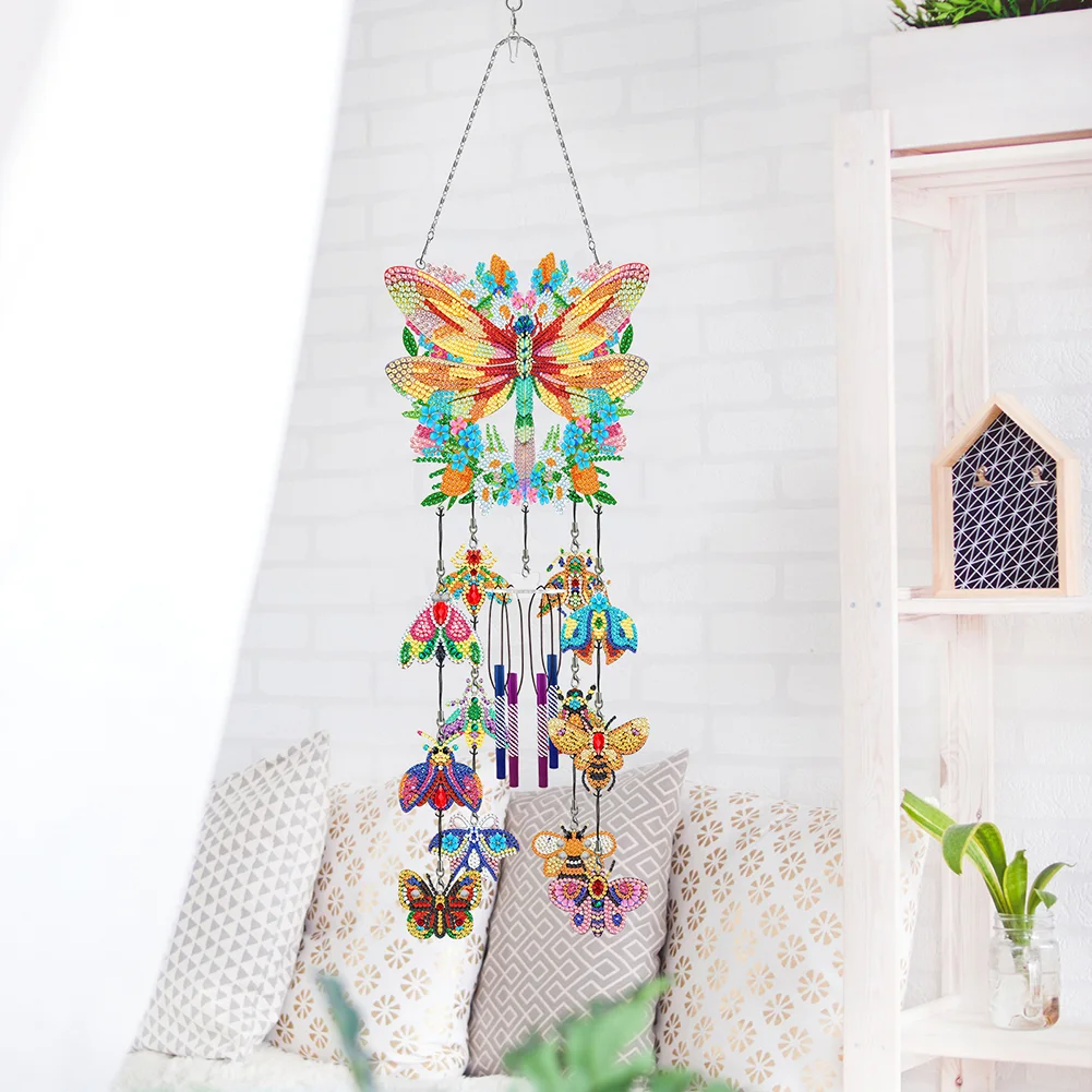DIY Flower Dragonfly Double Side Wind Chime Diamond Art Hanging Pendant for Home Decor