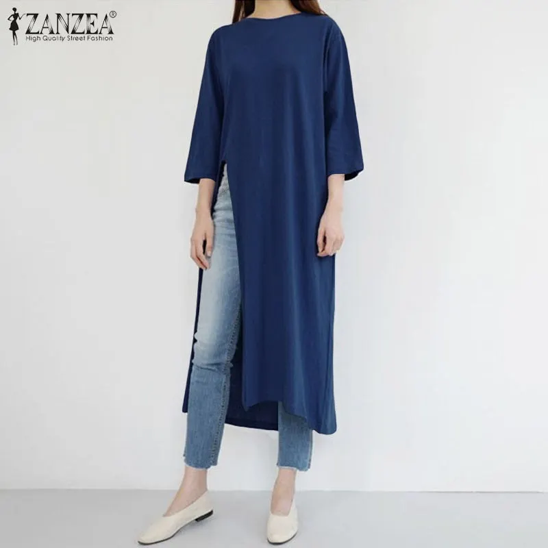 ZANZEA Stylish Women Split Hem Long Tops Summer 3/4 Sleeve Blouse Solid Shirt Femme Robe Blusas Casual Loose Top Tunic Chemise