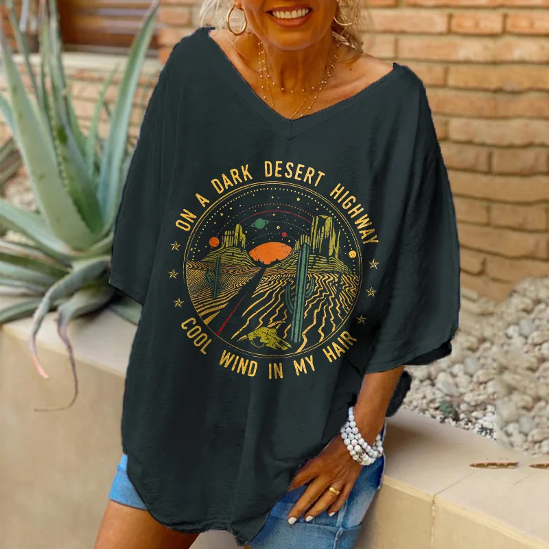 Oversized On A Dark Desert Highway Pattern Printed Women Hippie T-shirt