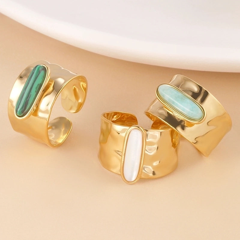 Retro Oval 304 Stainless Steel Stone 14K Gold Plated Inlay Open Rings