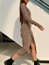 Simple Knitted High-Neck Long Sleeve Top&Split-Front Skirt Casual Suit
