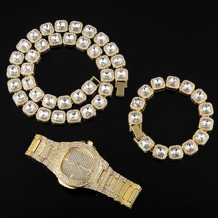 3pcs Iced Out Watch+Tennis Chain Necklace+Bracelet Hip Hop 12MM Jewelry Set