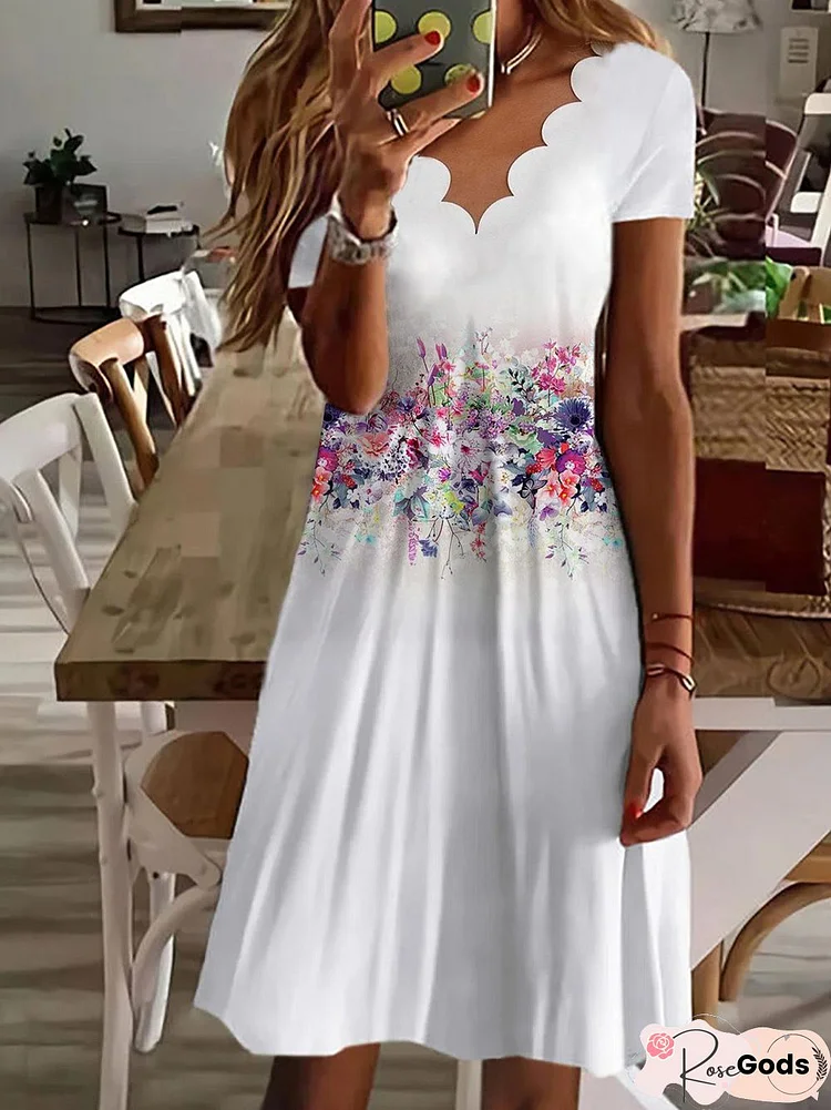 Vacation Floral V Neck Regular Fit Short Sleeve Knit Dress