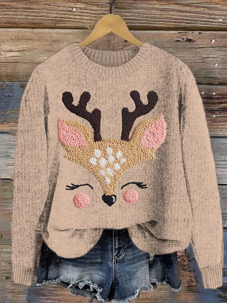 Plum Deer Embroidery Print Sweater