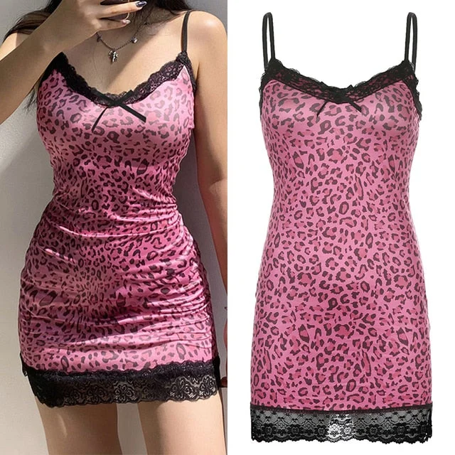 Bodycon Dress Women Animal Leopard Printed Summer Patchwork Lace Frill Sexy Y2K Sleeveless Strappy Dress  Mini Dress