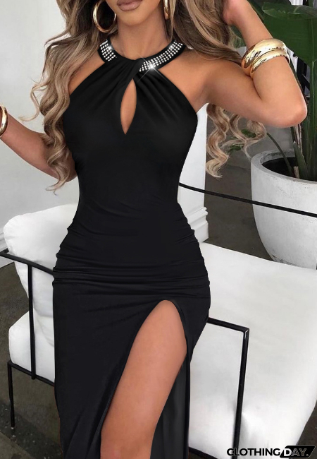Black Halter Neck Slit Sleeveless Dress