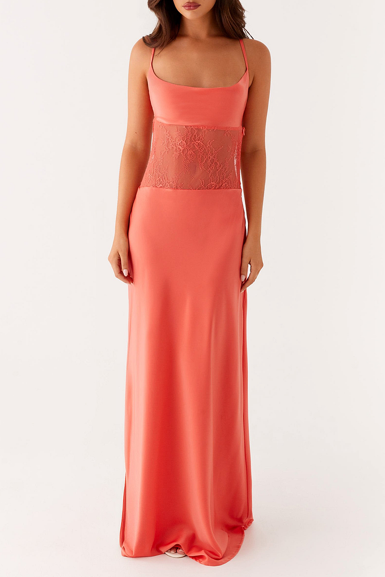 Jacquard Lace Patchwork Slim Fit Slip Maxi Dresses-Salmon [Pre Order]