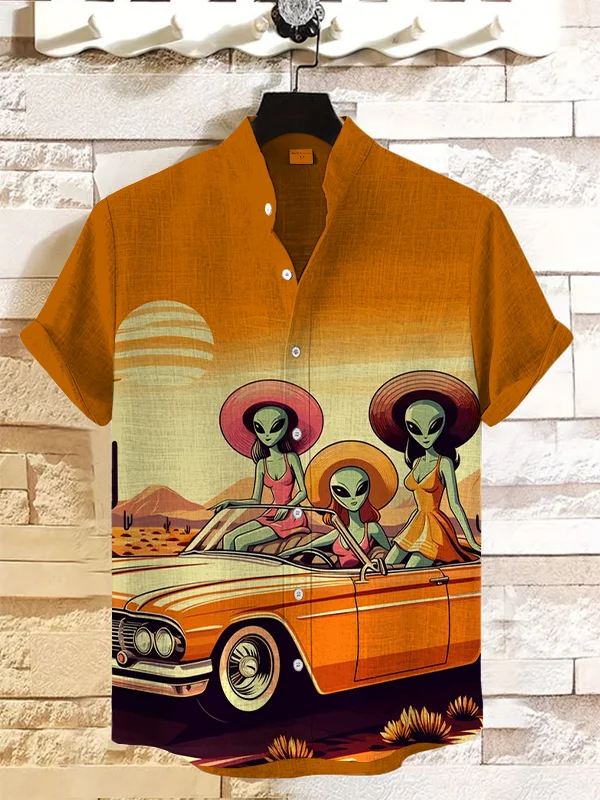 Men's Aliens in Car Western Desert Print Casual Shirt