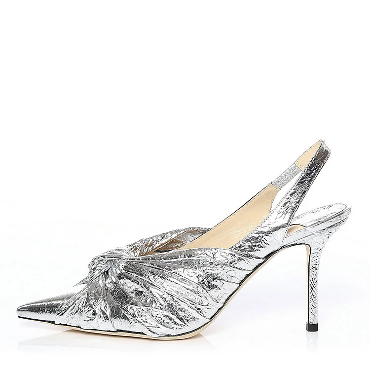 Silver Tie Stiletto Heel Slingback Pumps |FSJ Shoes