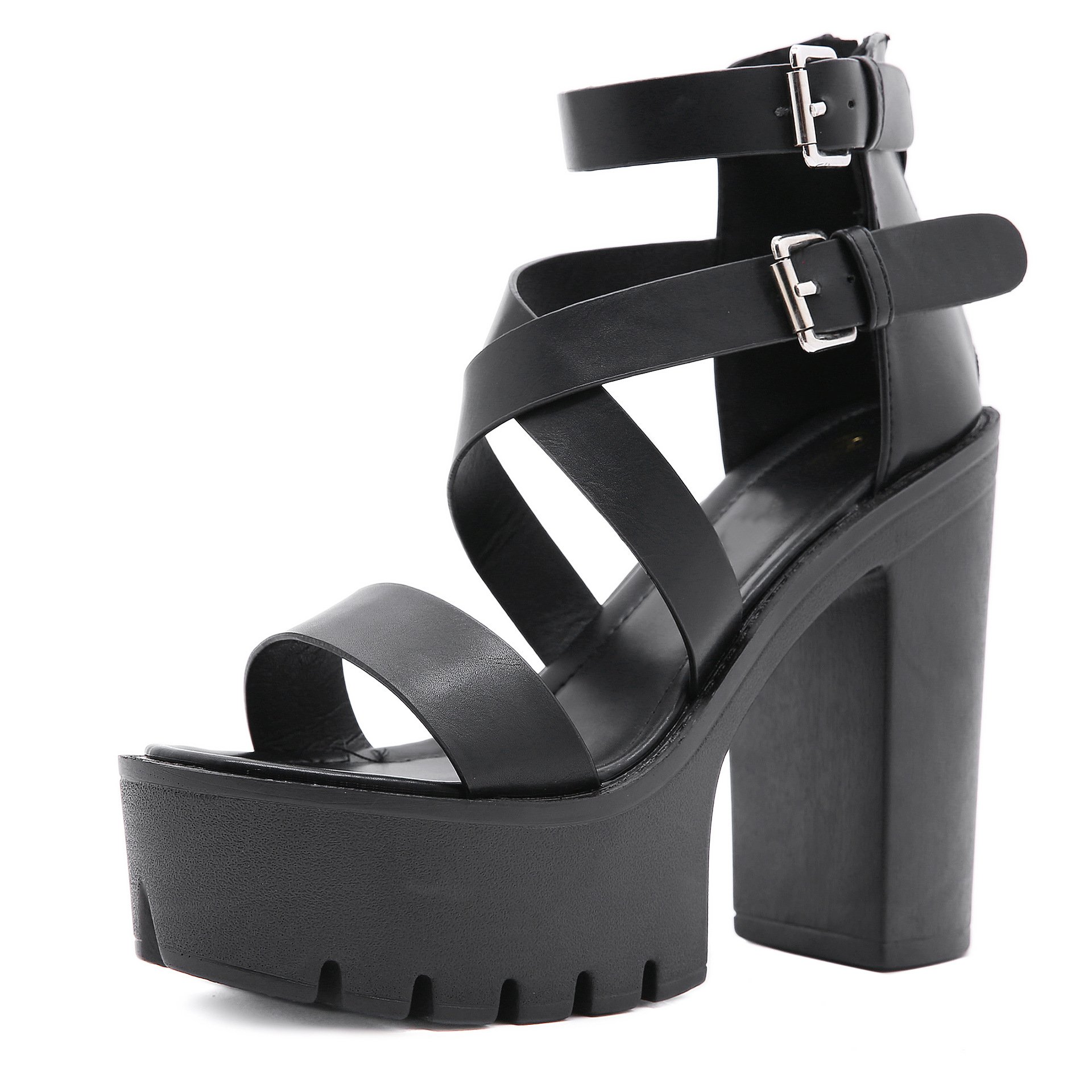 Goth Cross Buckles Chunky Heel Peep Toe PU Platform High Heel Ankle Sandals