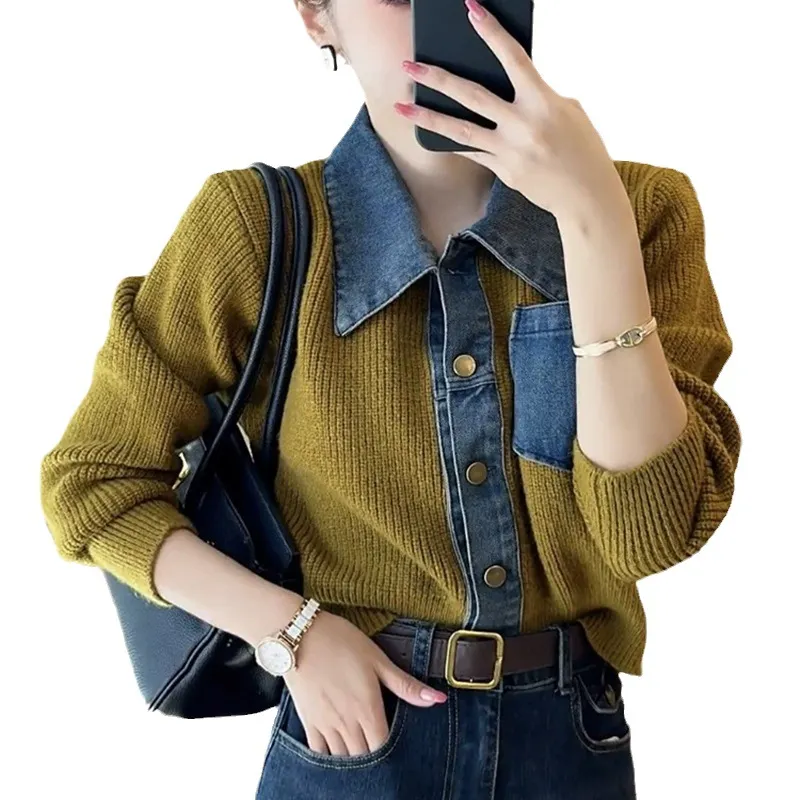 Churchf Churchf And Winter Women's Clothes Fake Two POLO Collar Short Jacket Denim Shirt Collar Stitching Knit Cardigan Sweater Coat