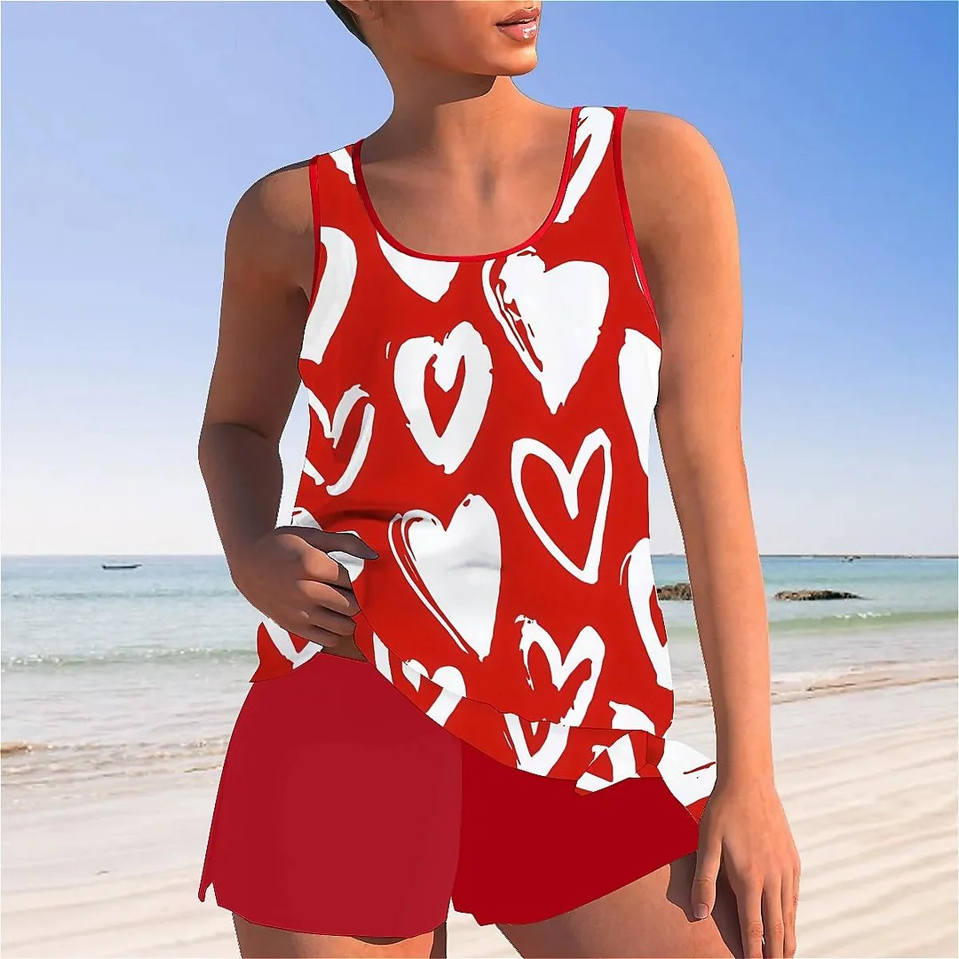 Bowknot Heart,Love,Valentine's Day Mid Waisted Tankini Set - Plus Size Available