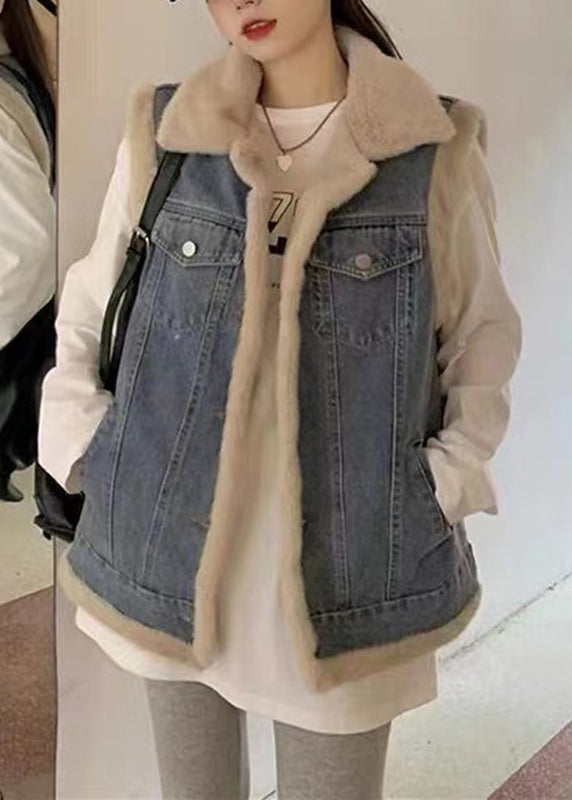 VCSHOES Blue Peter Pan Collar Patchwork Warm Fleece Faux Fur Denim Waistcoat Sleeveless