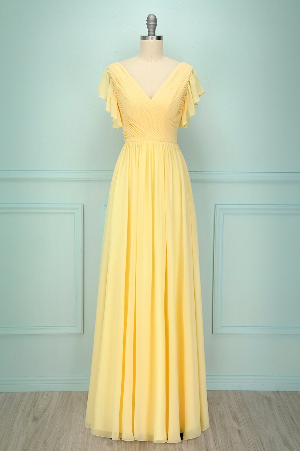 Oknass Chiffon V Neck Sleeveless Long Prom Dress With Pleated Ruffle
