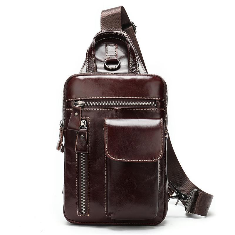 Men's Leather Retro Zipper Casual Crossbody Bag Chest Bag