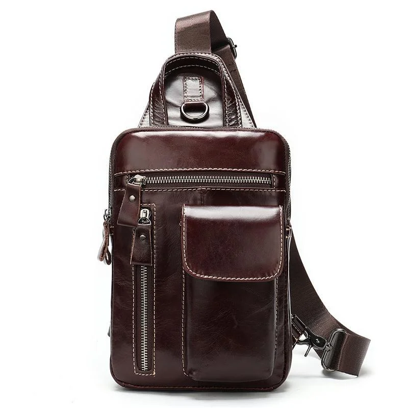 Men's Leather Retro Zipper Casual Crossbody Bag Chest Bag