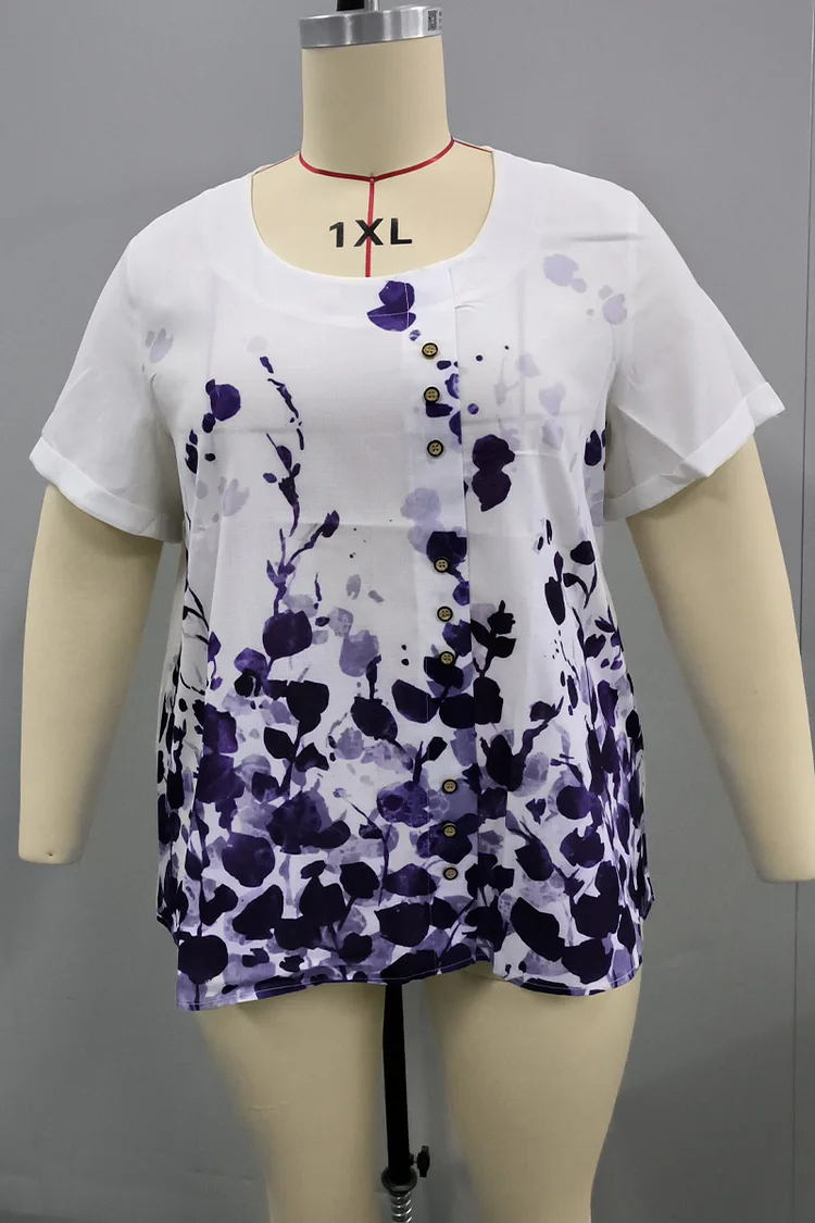 Plus Size Linen Floral Print Round Neck Short Sleeve Casual Blouses  Flycurvy [product_label]