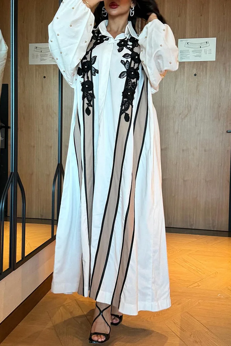 Flower Embroidery Beads Lantern Sleeve Kaftan Maxi Dresses [Pre Order]