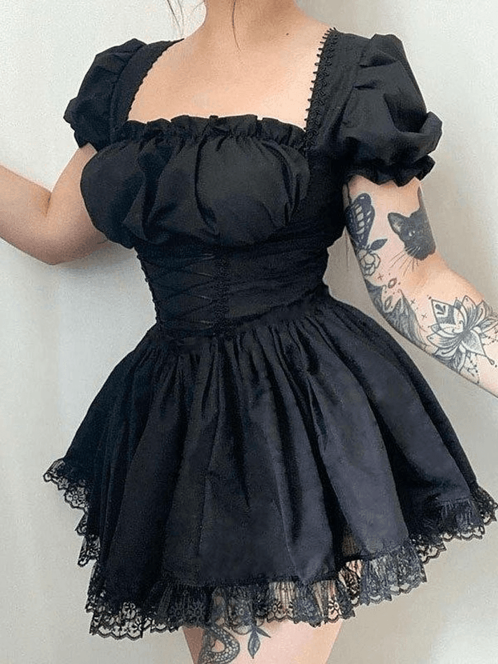 LANFUBEISI - Puff Sleeve Corset Tie Mini Dress LANFUBEISI