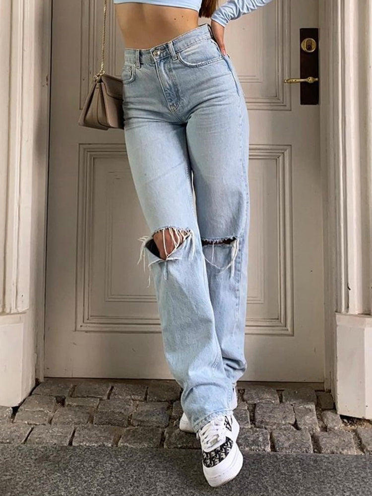 W&W Damen Jeanshose Mit Lockerer Passform Zerrissen Weites Bein Hohe Taille Lassige Baggy Jean