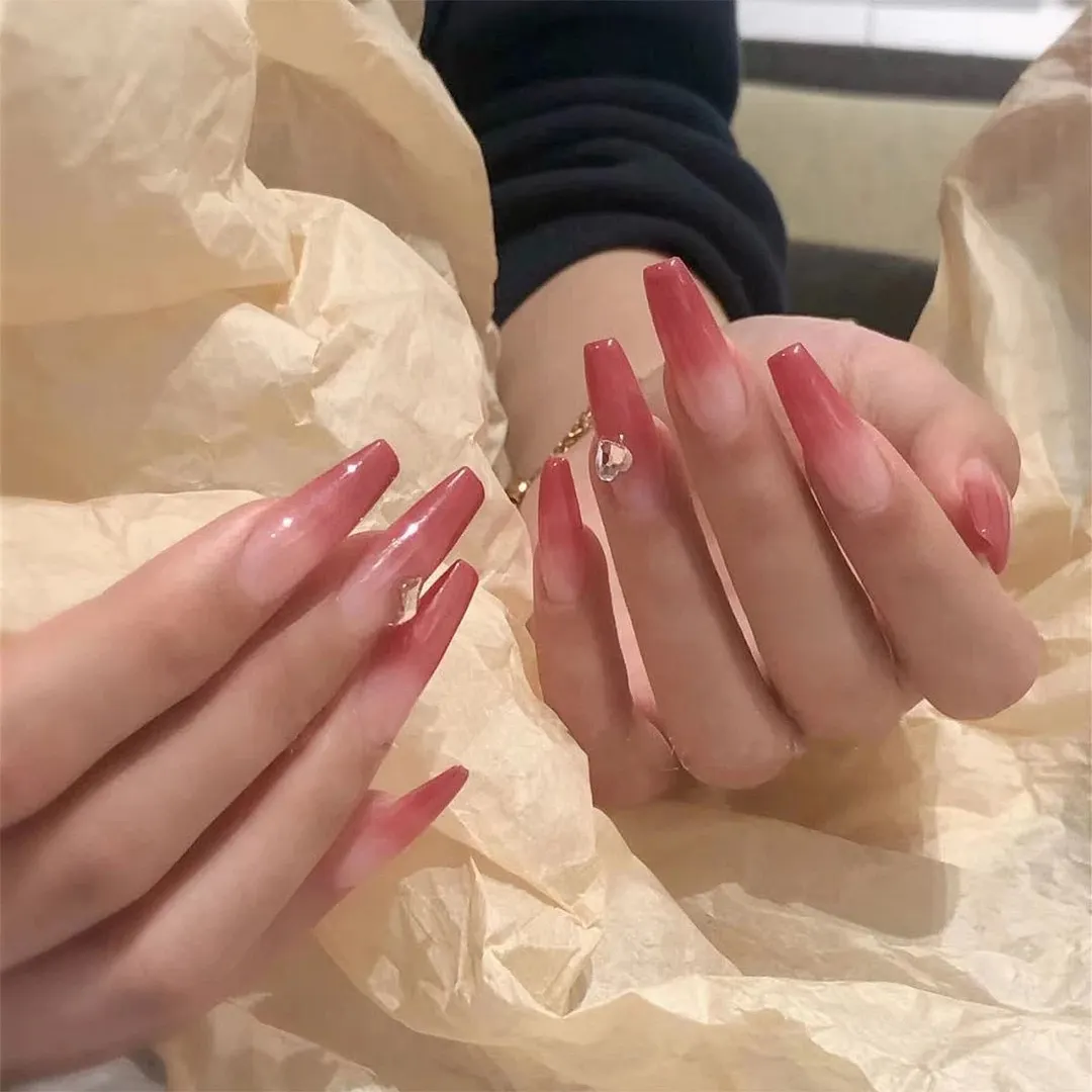 24pcs Rose Pattern Red Wine False Nail Fake Nails Coffin Glossy Press On Nails False Girls Ballerina full cover Fingernails Tips-Nail Inspo