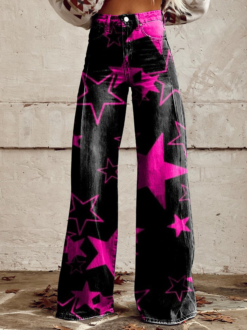 Pink Star Print Women's Print Casual Wide Leg Pants