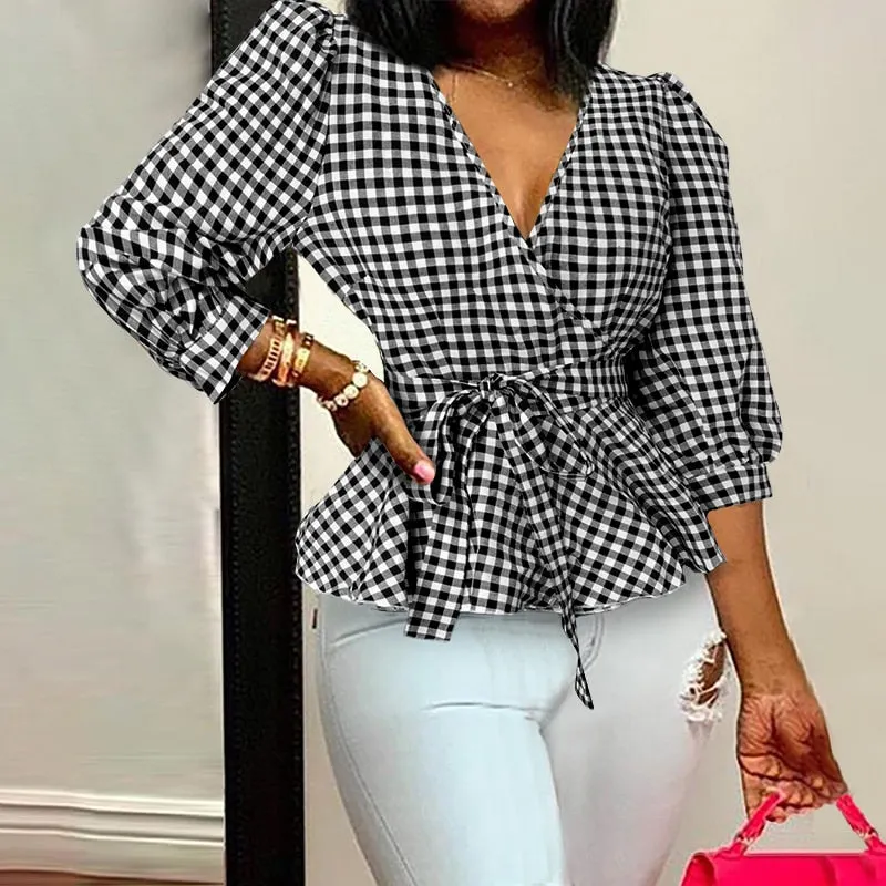 Celmia Women Elegant Blouse 2022 Summer Sexy V-Neck Leopard Print Tunic Shirt Belted Office Fashion Top Ruffles Blusas Femininas