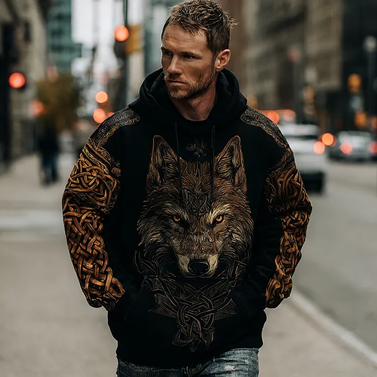Men's Retro Viking Wolf Celtic Knot Graphic Hoodie