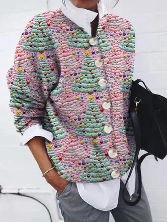 Women's Retro Faux Wool Printed Casual Loose Button Flannel Cardigan
