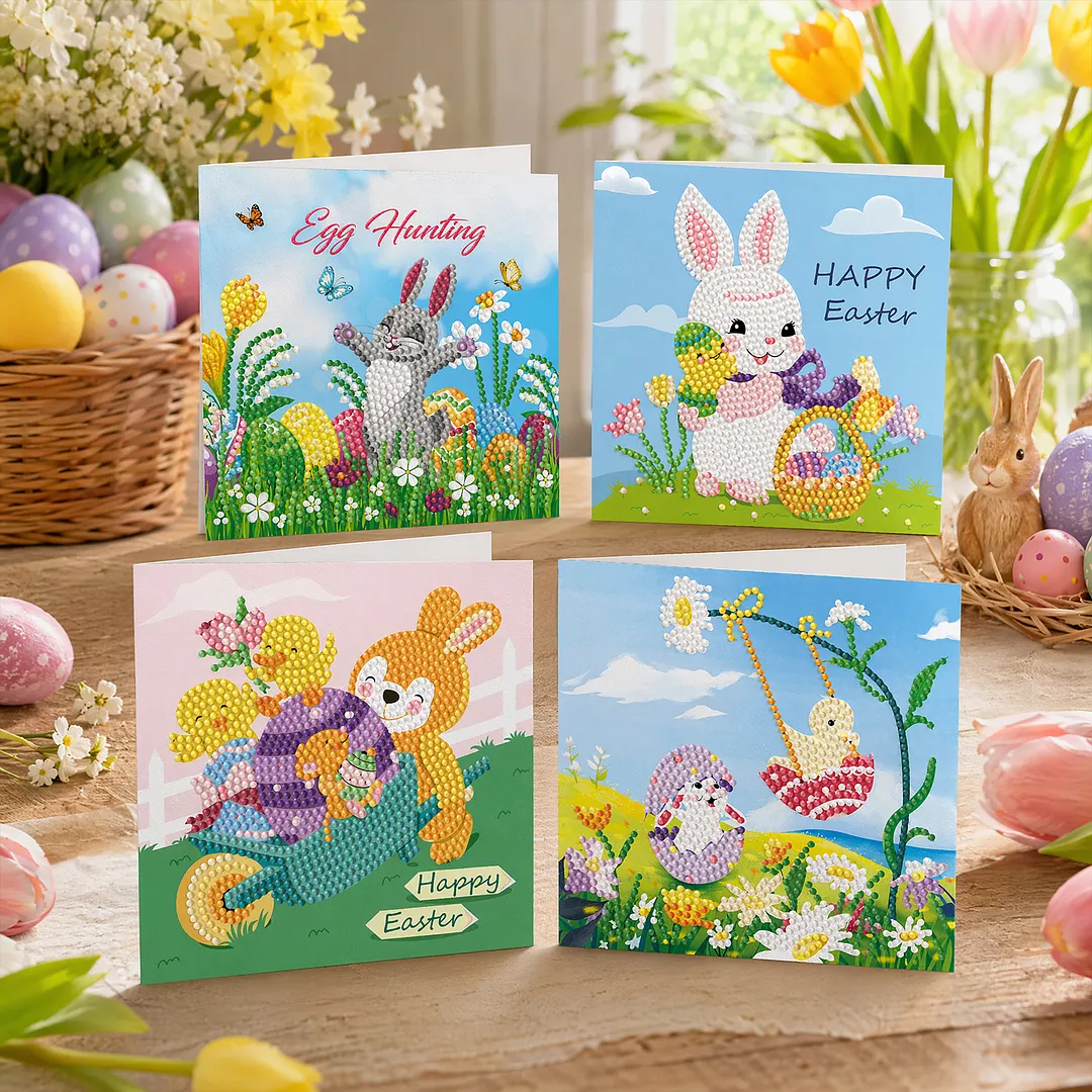 4Pcs Rabbit Easter Egg Theme DIY Diamond Painting Greeting Card Set with Envelopes 5D Unique Rhinestone Arts Card Rhinestone Diamonds Art Postcards for Adults Gifts Families Friends Partners