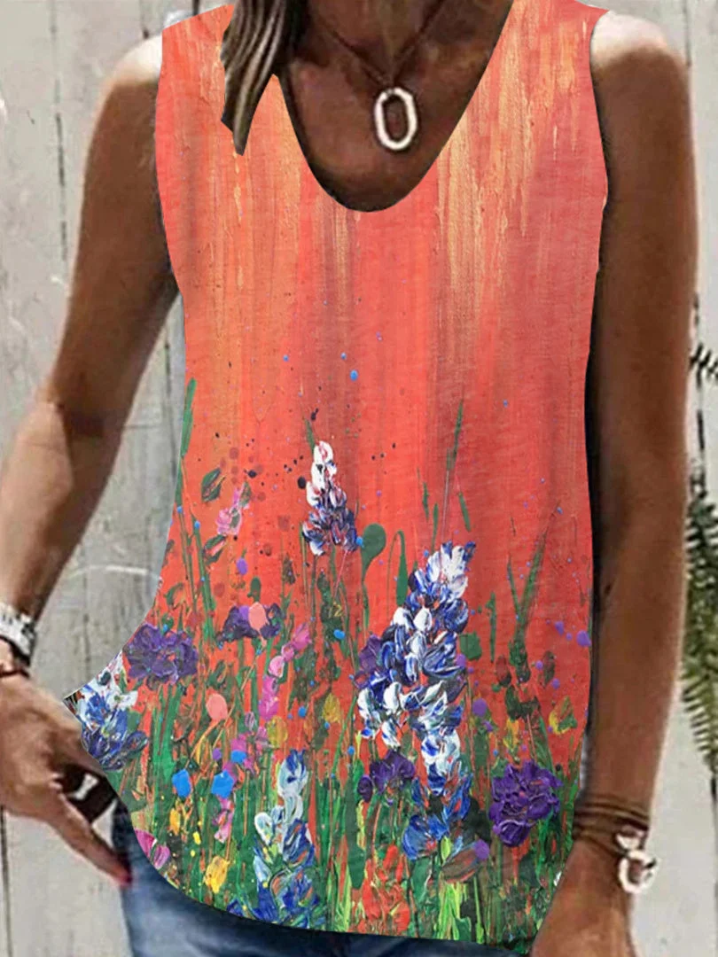 Women's Colorful V-neck Sleeveless Graphic Top