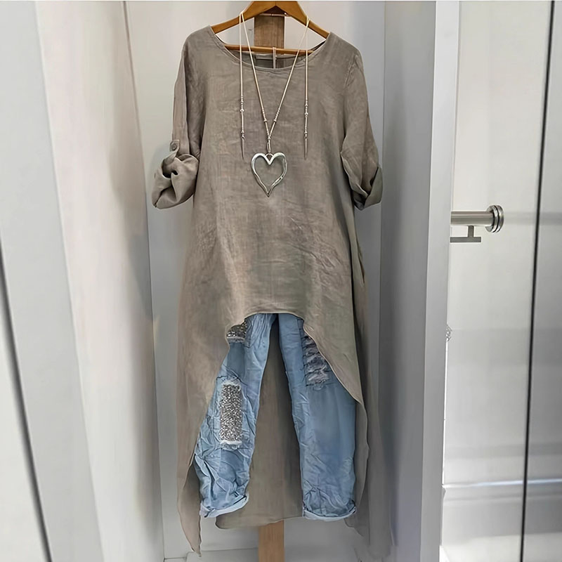 Retro Short Front And Long Back Round Neck Loose Shirt elevenforest