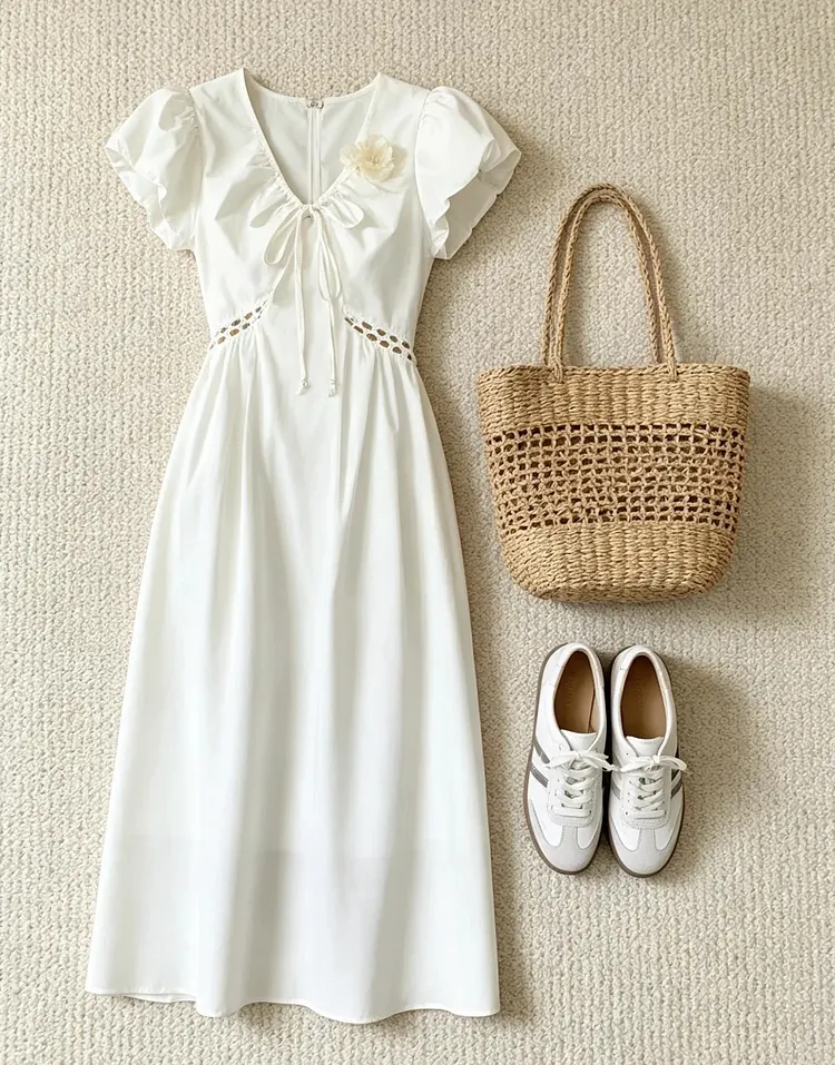White Puff Sleeve Midi Dress