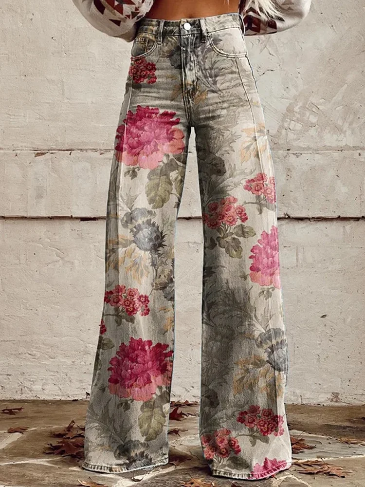 VChics Women's Vintage Botanical Floral Wide Leg Pants