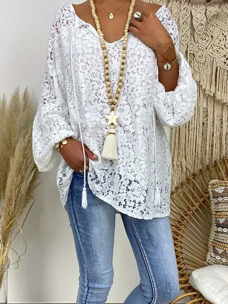 Casual V Neck Loose Lace Hollowed Drawstring Blouse