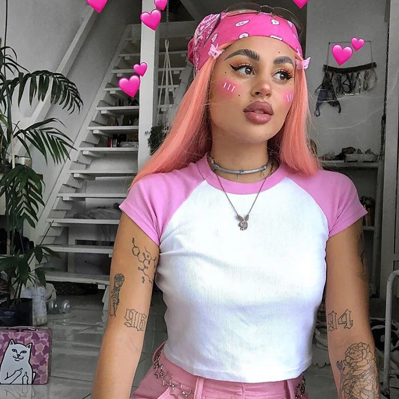 Uveng Uveng Color Thread Rotator Sleeve T-Shirt Women's Short Crop Tight Thin Shirt Short Sleeve Casual