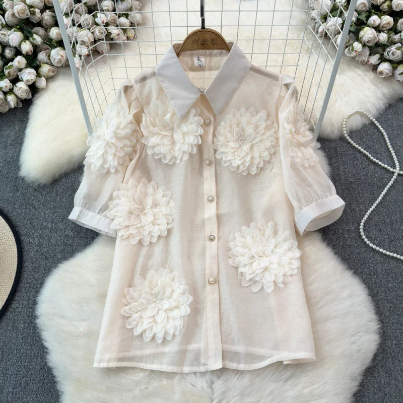 Zingj Zingj Heavy Industry Three-Dimensional Flower Splicing Bubble Sleeve Super Fairy Short Sleeve Shirt Fashion Loose Micro Transparent Temperament Jacket Tide