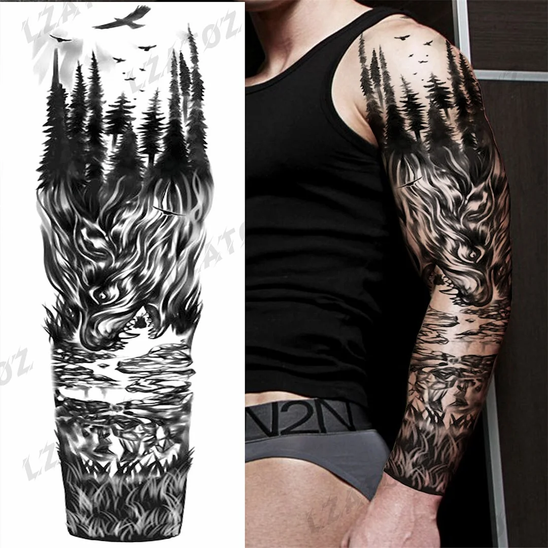 Sdrawing Sleeve Temporary Tattoos For Men Women Realistic Pirate Ship Wolf Tiger Skull Rose Flower Fake Tattoo Sticker Arm Tatoos