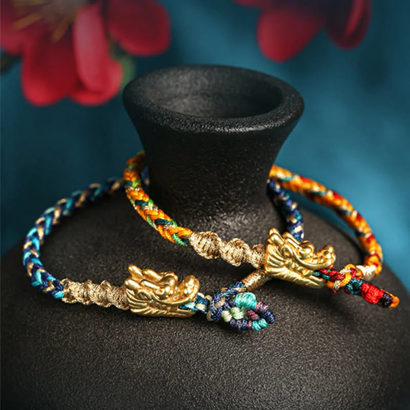 999 Sterling Silver Handmade Dragon Eight Thread Knot Colorful Luck Strength String Bracelet