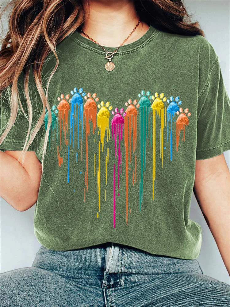 Colorful Paws Heart Print Casual Cotton T-Shirt