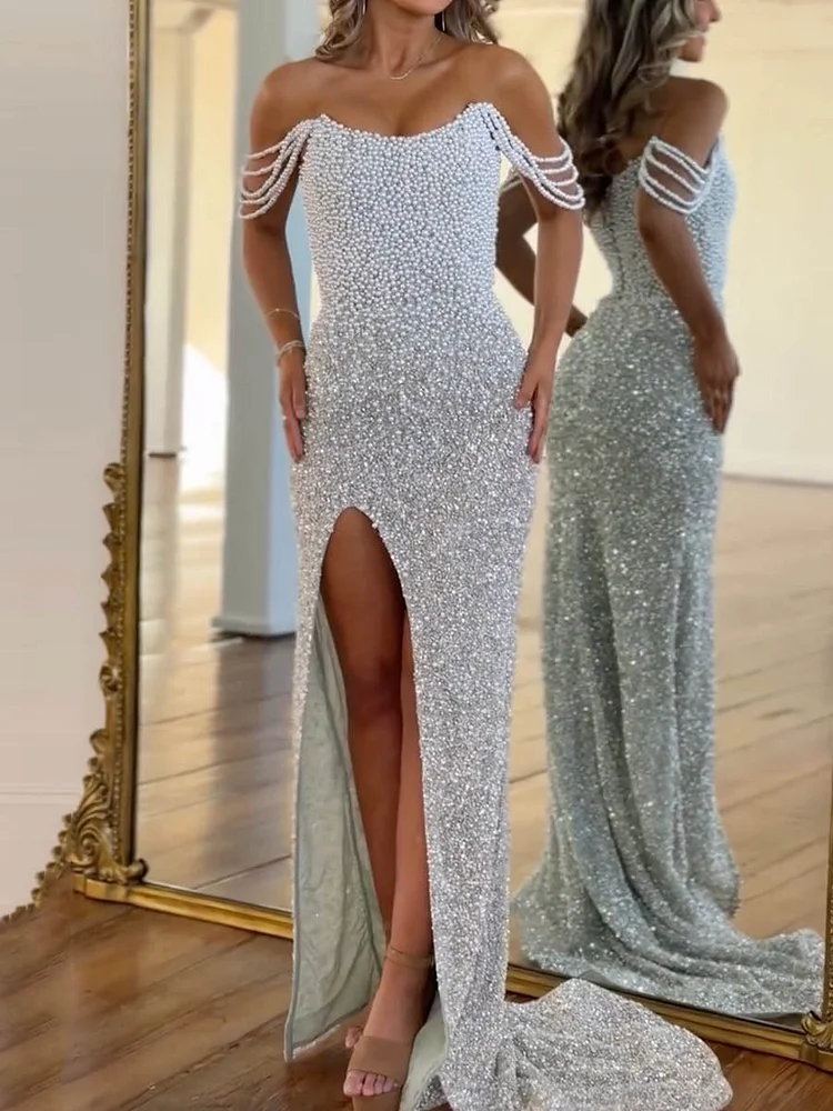 Sequinned Pearl Beaded Sleeveless Tube Mermaid Dresses Party Dresses