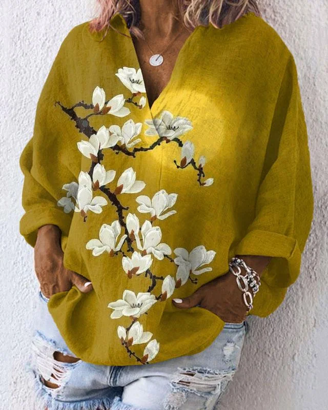 V-neck Loose Long-sleeved Orchid Cotton and Linen Blouse