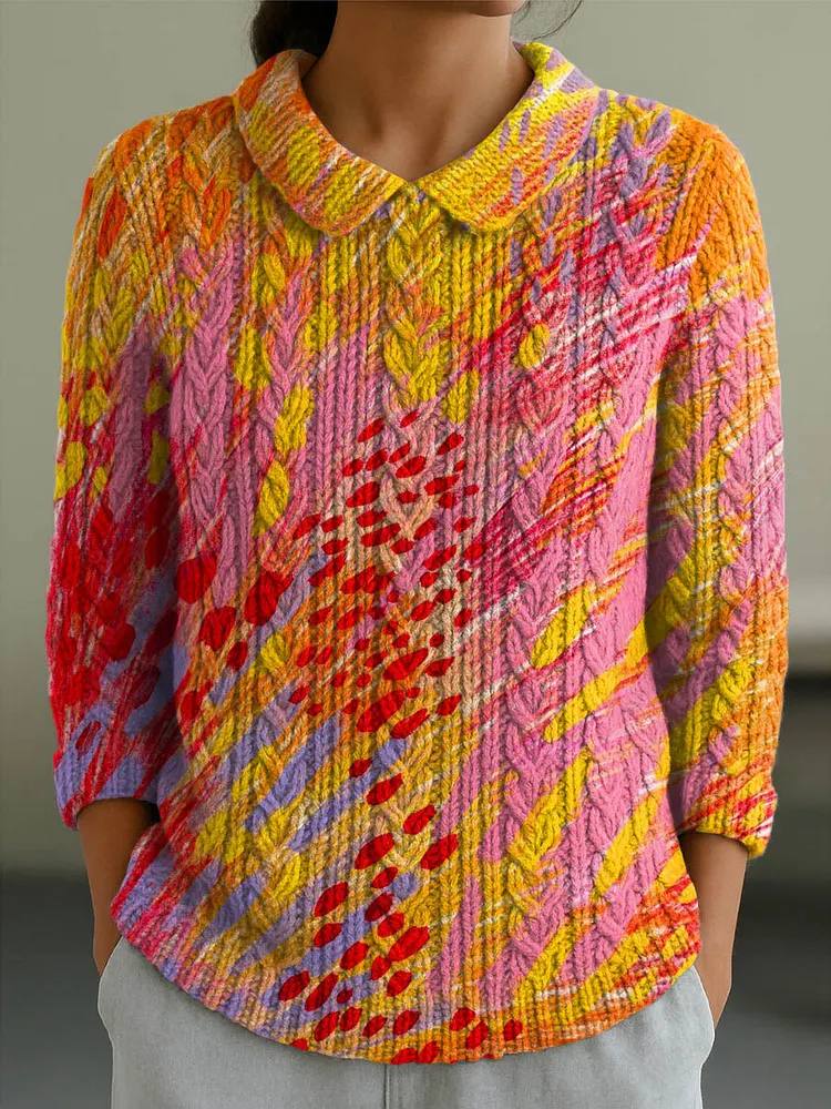 Women's Abstract Pattern Art Print Casual Peter Pan Collar 3/4 Sleeve Sweater