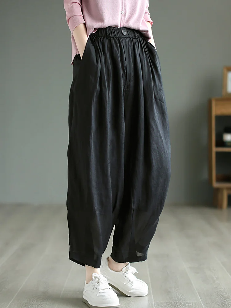 Women Vintage Solid Button Pleat Summer Ramie Pants