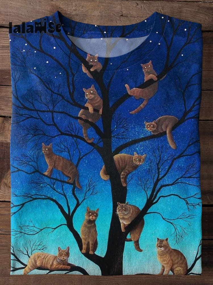 Cute Cat Tree Print T - Shirt As Picture / S